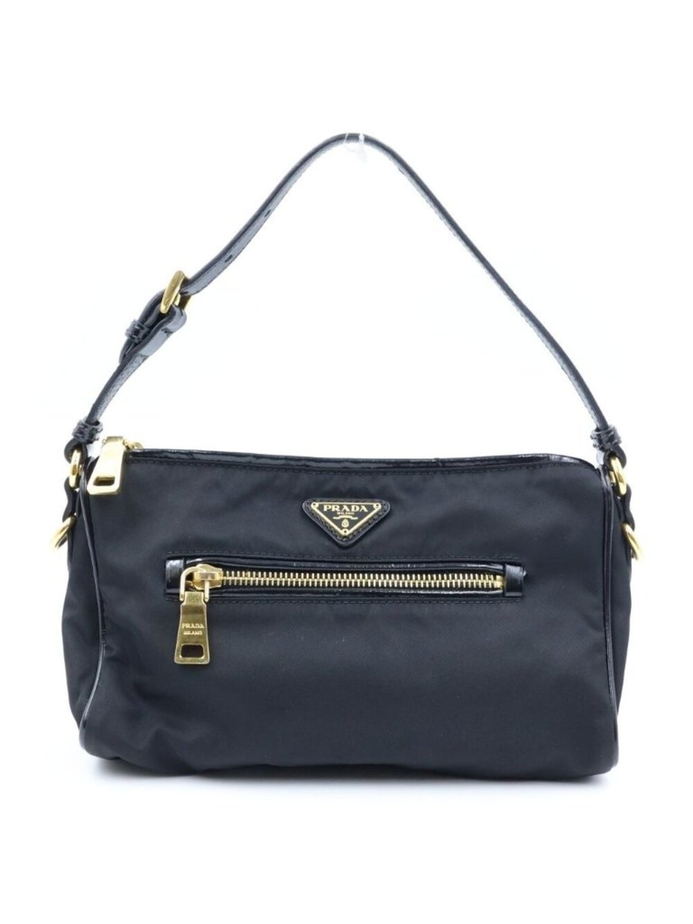 Prada Pouch Handbag Triangle Logo Black Nylon Gold